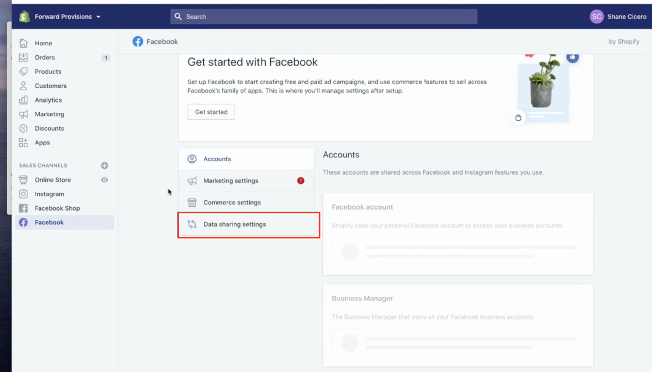 Shopify admin screenshot showing the Facebook sales channel setup page with Data Sharing Settings highlighted in the navigation menu.