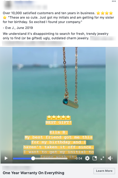 Meta video ad screenshot for personalized jewelry showing customer testimonials, five star rating, and one year warranty offer