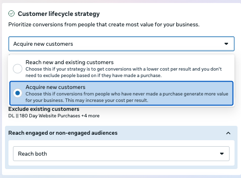 Meta Ads customer lifecycle strategy settings showing “Acquire new customers” selected and excluding existing purchasers for optimized targeting