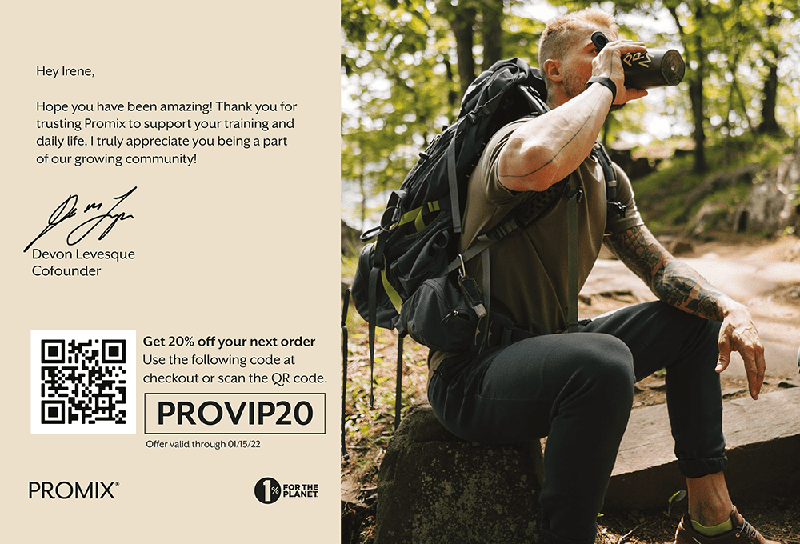 Promix personalized direct mail postcard from co-founder Devon Levesque with a 20% discount code and QR code for a loyal customer.
