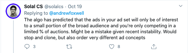 Twitter screenshot of Solal CS replying to Andrew Foxwell about ad set algorithm predictions and cloning strategy advice