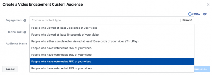 Meta Ads Manager screenshot creating a Video Engagement Custom Audience with the 75 percent video watch threshold highlighted