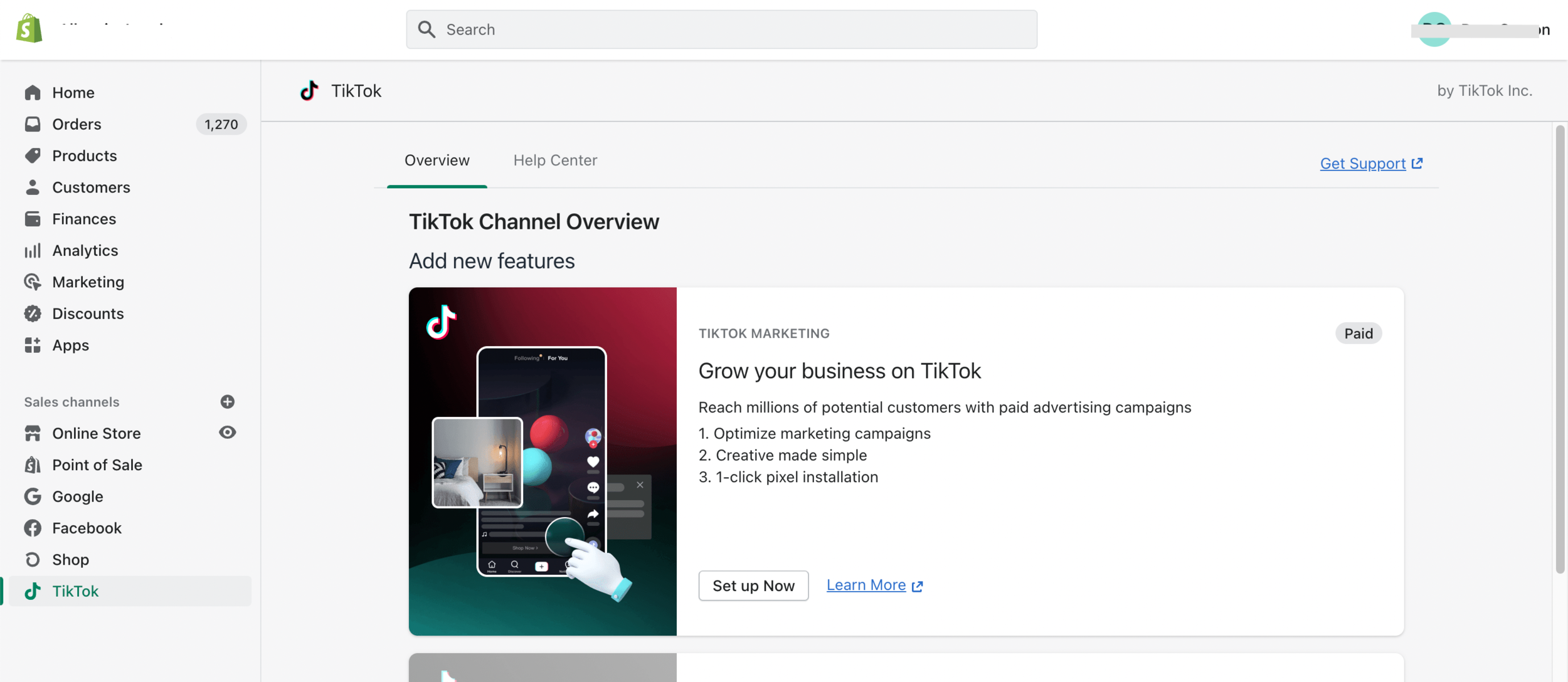Shopify TikTok channel overview showing TikTok Marketing setup with campaign optimization, simple creative, and 1-click pixel installation