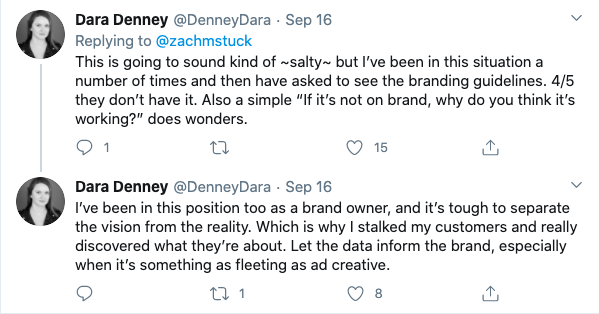 Tweets by Dara Denney discussing brand guidelines in ad creative, letting customer data inform the brand, and separating vision from reality.