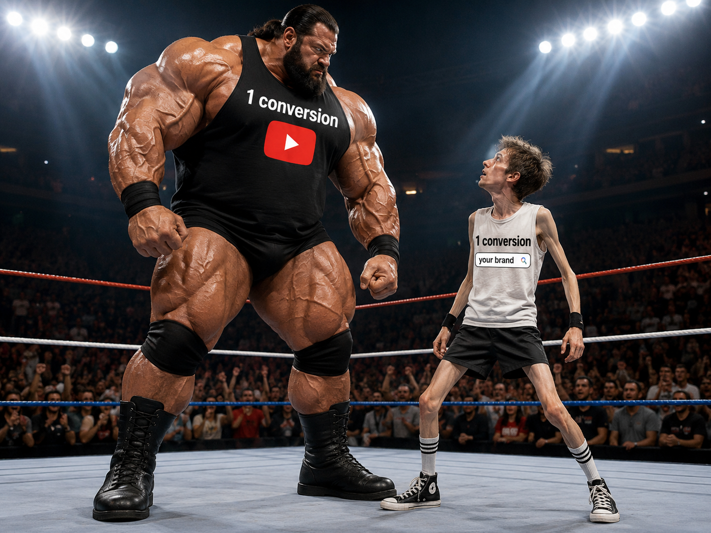A wrestler labeled "1 YouTube conversion" towers over a smaller opponent labeled "1 brand search conversion" in a wrestling ring