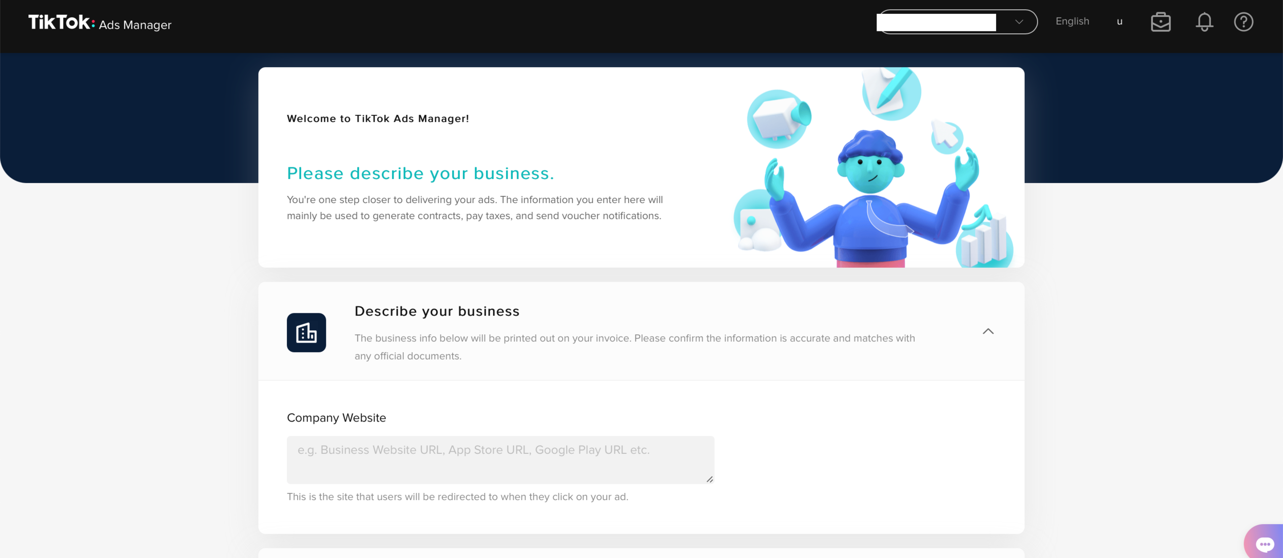 TikTok Ads Manager welcome screen asking users to describe their business and enter a company website URL to complete account setup.