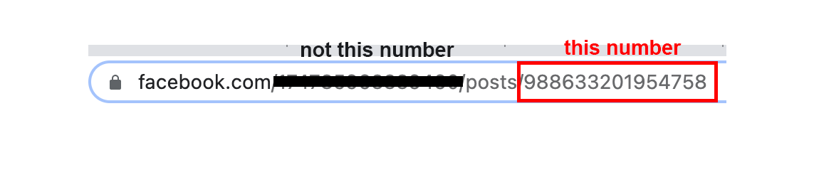 Browser address bar showing a Facebook post URL with the correct post ID number highlighted in red after the slash following the word posts.