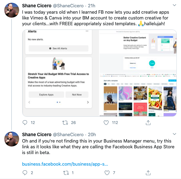 Shane Cicero tweets about Facebook Business App Store beta adding Canva and Vimeo for free ad creative templates inside Business Manager.