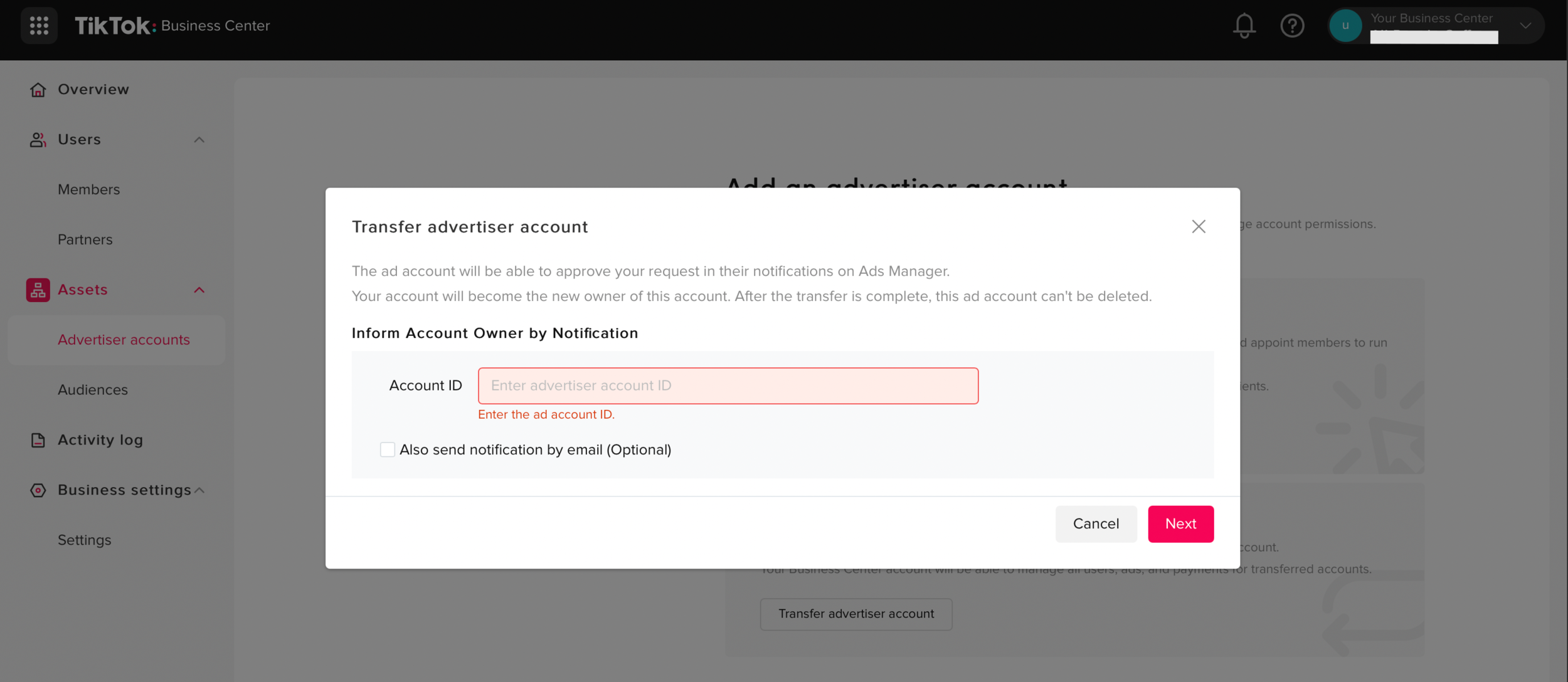 TikTok Business Center dialog to transfer an advertiser account by entering the account ID and notifying the current owner via Ads Manager.