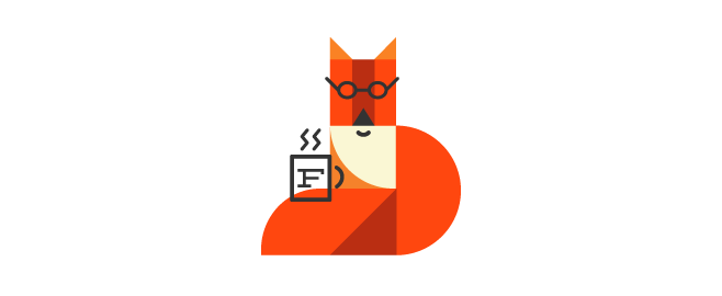 Foxwell Digital mascot — a geometric orange fox wearing glasses and holding a coffee mug with the letter F.