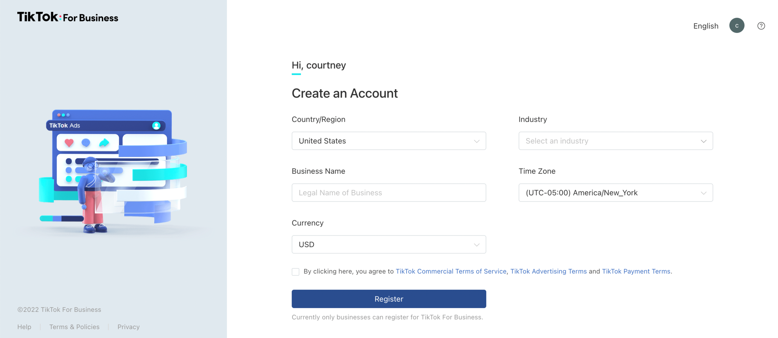 TikTok For Business account setup form showing country, industry, business name, time zone, and currency fields before registering.