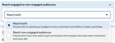 Meta Ads audience settings showing “Reach both” selected to target engaged and non-engaged audiences within customer lifecycle strategy