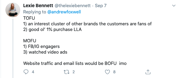 Lexie Bennett tweet outlining TOFU, MOFU, and BOFU Facebook Ads audiences using interest clusters, purchase LLAs, and FB/IG engagers.