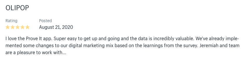 OLIPOP five-star review from August 2020 praising Prove It app for easy setup and survey data that improved their digital marketing mix.