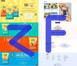 Two DTC ecommerce website examples side by side showing a snack brand and a home goods brand with bold layout and typography overlays.