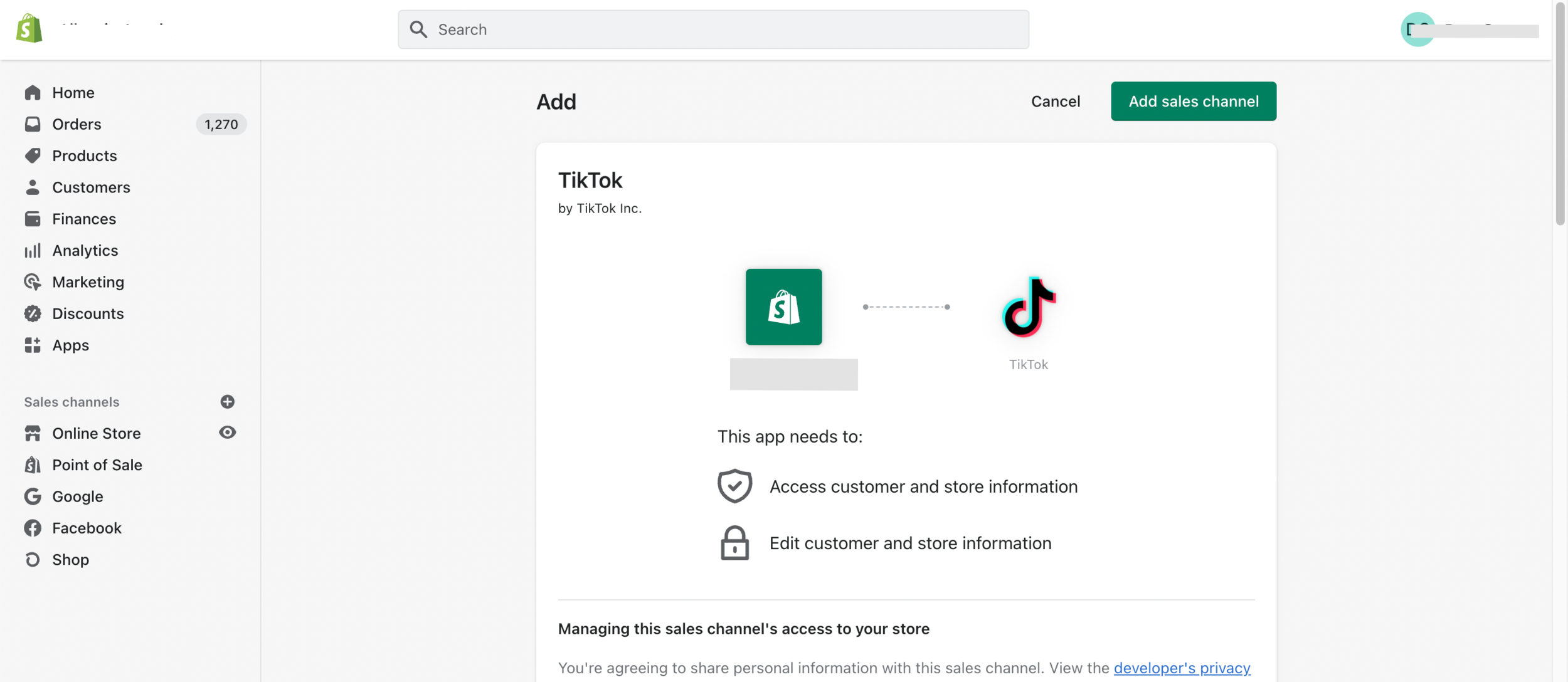 Shopify admin screen to add TikTok as a sales channel, showing permissions needed to access and edit customer and store information.