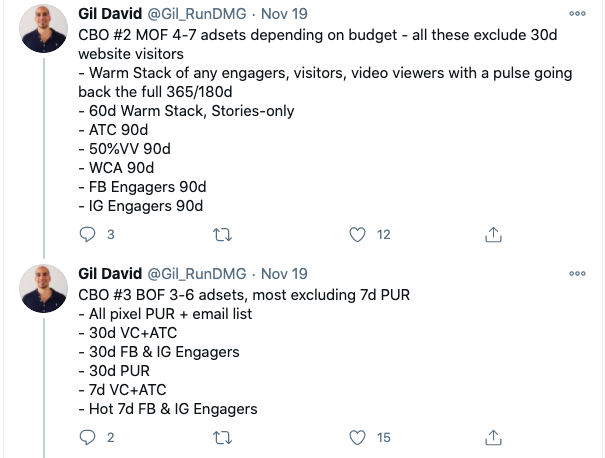 Tweets by Gil David detailing CBO MOF and BOF structures using warm audience stacks, ATC, WCA, FB and IG engagers, and 30-day retargeting.
