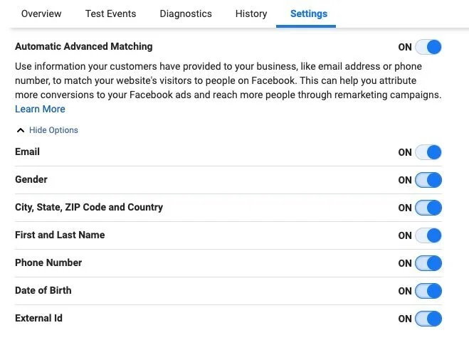Meta Events Manager Settings screenshot showing Automatic Advanced Matching enabled with all customer data options turned on.