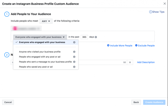 Meta Ads Manager screenshot creating an Instagram Business Profile Custom Audience with 365 day engagement criteria options shown