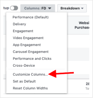Meta Ads Manager Columns dropdown menu screenshot with red arrow pointing to the Customize Columns option for setup