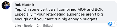 Facebook comment from Rok Hladnik on combining MOF and BOF campaigns in Meta Ads when retargeting audiences or budgets are too small to split.