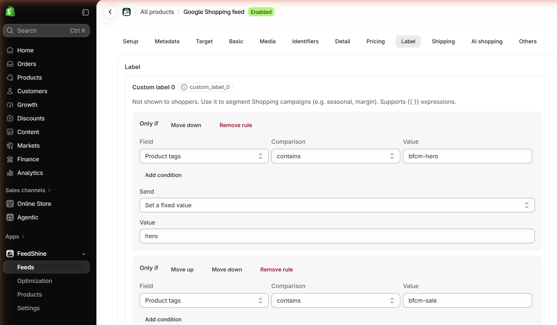 Shopify FeedShine Google Shopping feed showing custom label rules tagging products with BFCM hero and BFCM sale tags for campaign segmentation.