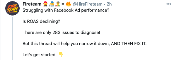 Twitter screenshot of Fireteam introducing a thread on diagnosing 283 issues behind declining Facebook ad ROAS performance.