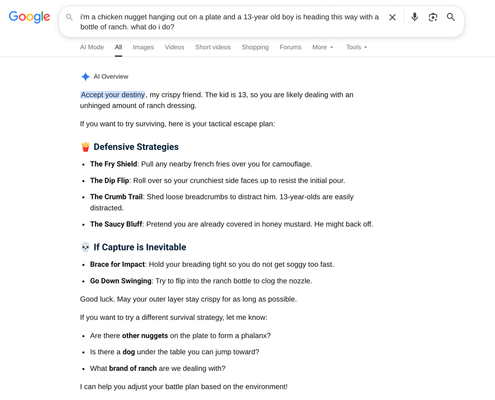 Google AI Overview humorously advising a chicken nugget on survival strategies against a hungry 13-year-old armed with ranch dressing