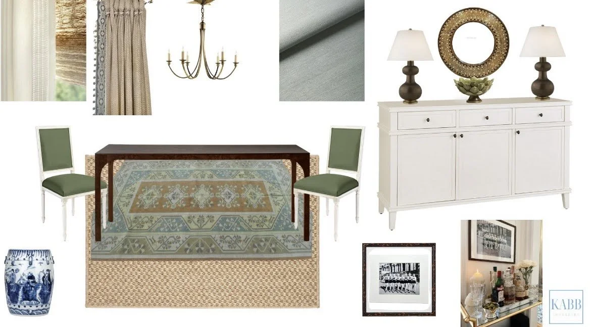 Collage of home decor items including curtains, chandelier, fabric swatch, lamps, sideboard, rug, chairs, artwork, and decorative accessories.