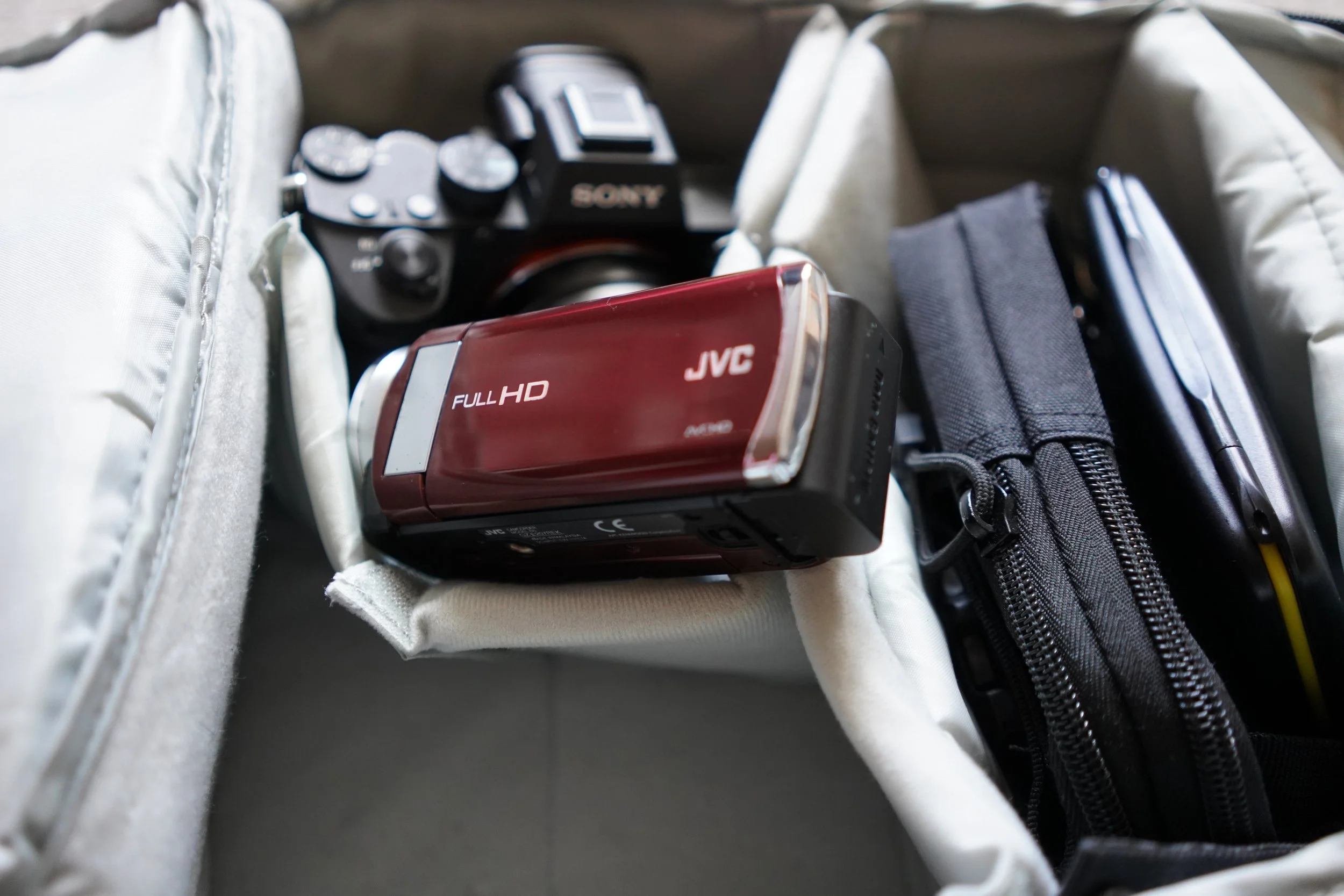 Old JVC Handycam Camcorder on top of a Wedding Videographer's Kit Bag