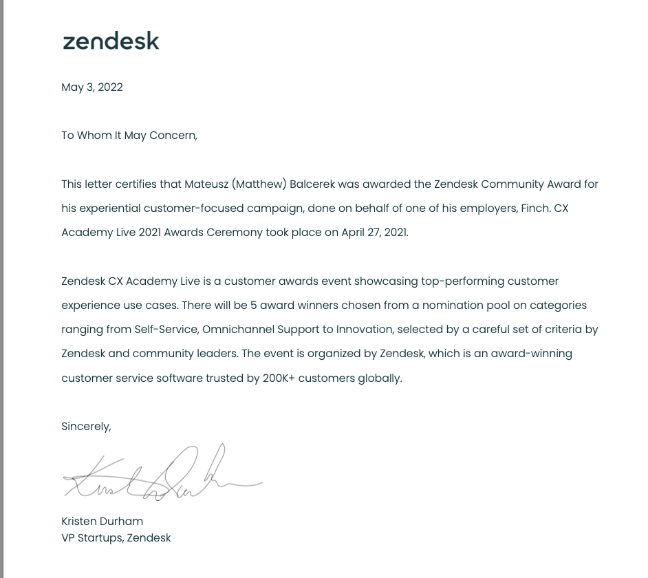 Mateusz (Matthew) Balcerek was awarded the Zendesk Community Award 