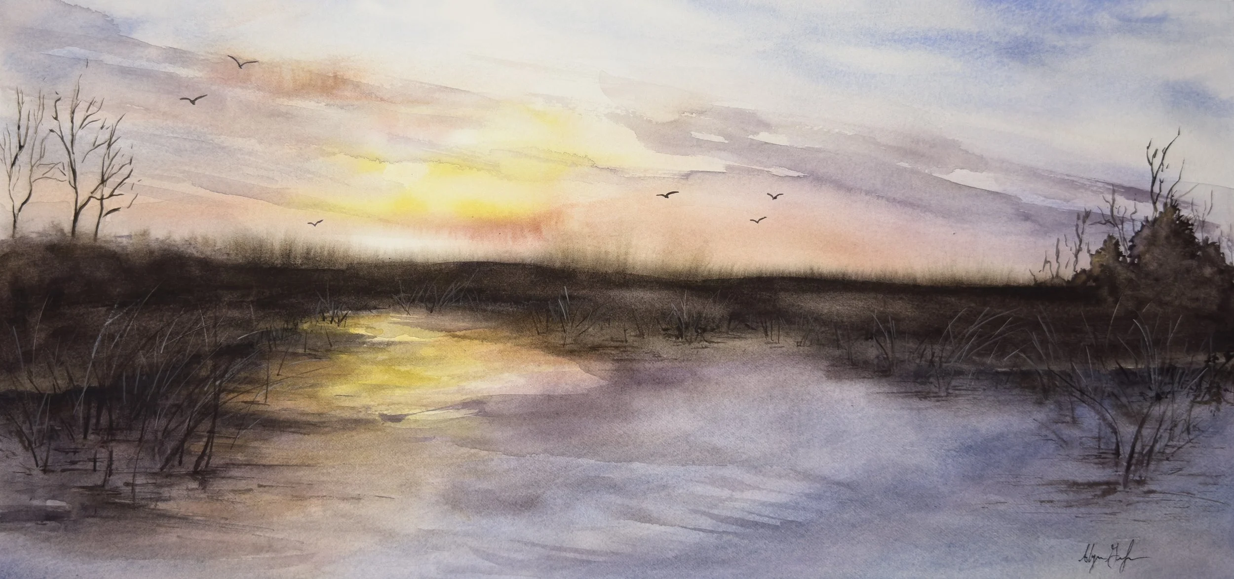 Watercolor of a sunset over a pond
