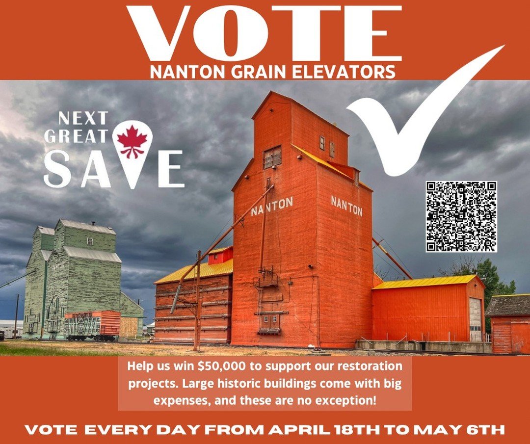 Help Nanton's historic grain elevators win 50,000. VOTE EVERY DAY until May 6th by going to this link https://nextgreatsave.nationaltrustcanada.ca/2024 or putting Next Great Save in your browser. It's super easy and fast and could make the world of d