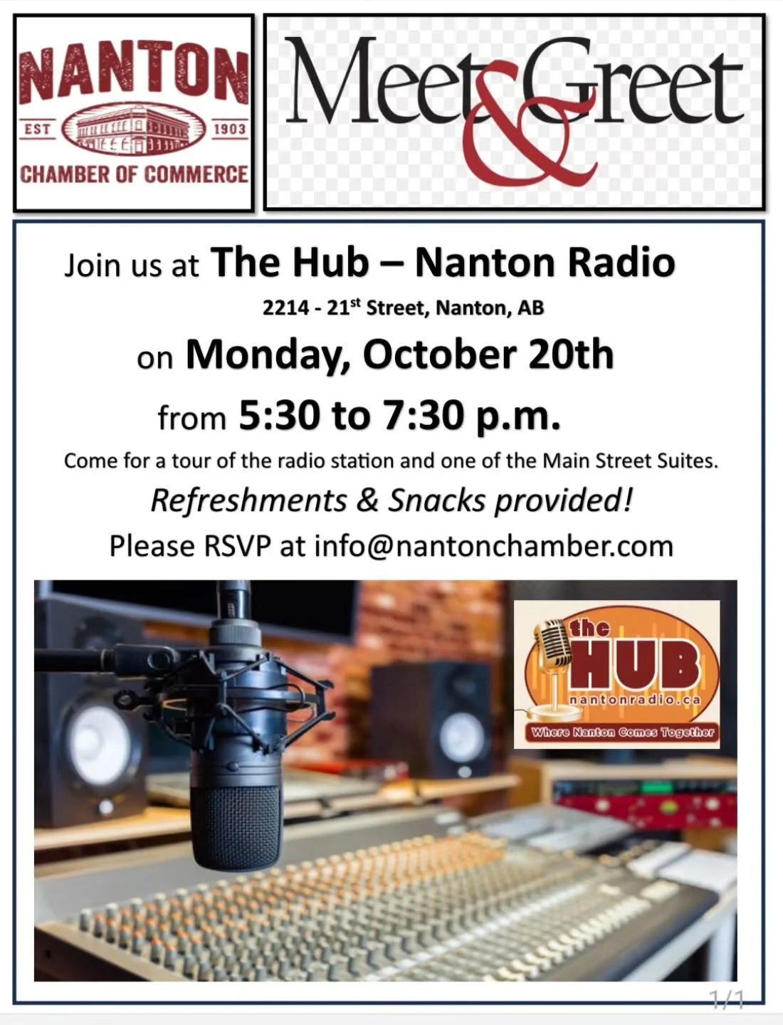 The next Nanton &amp; District Chamber of Commerce meet and greet is on election day, Monday, October 20th. Get out and vote and then join fellow businesses in town for an informal get-together at the The HUB - Nanton Radio and learn more about this 