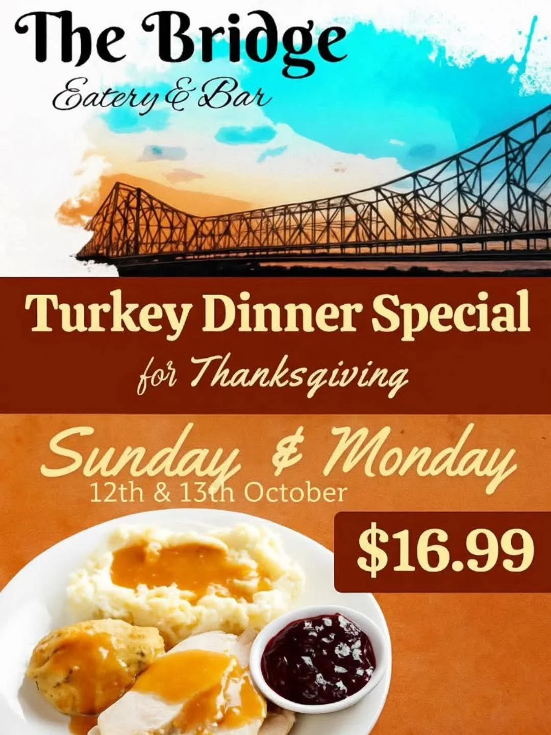 Celebrate your Thanksgiving at The Bridge, south end of Nanton at Flying J truck stop, serving Turkey Dinner Sunday &amp; Monday all day ,, for dining or takeout. 
#2025chambermember #turkeymeal #happythanksgiving🦃 #diningforoneplease #cookingfortwo