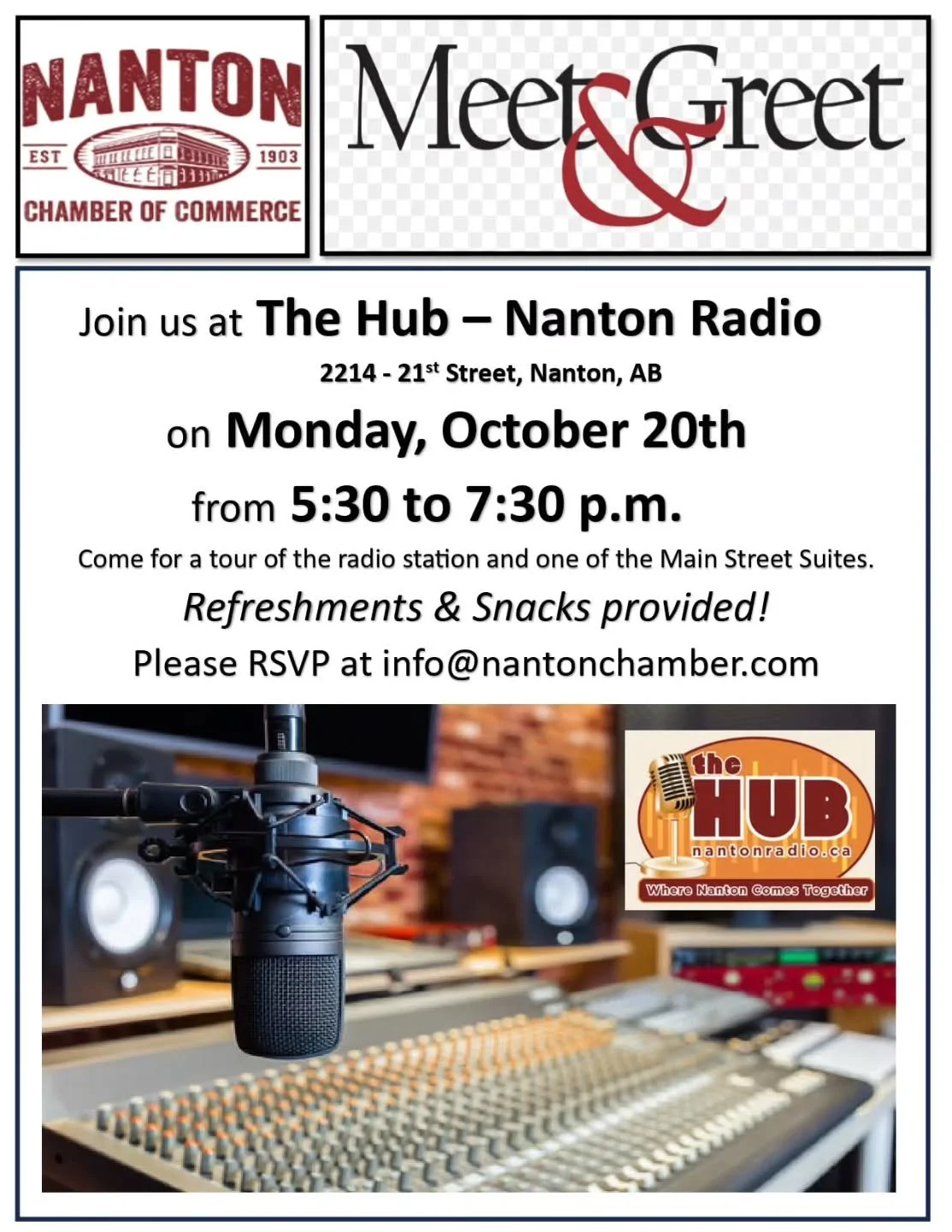 RSVP for the last Chamber &quot;Meet &amp; Greet&quot; of the year! On Monday, Oct 20th from 5:30-7:30 pm at The HUB - Nanton Radio, 2214 - 21 Street, and get a tour of the Main Street apartment operated by euroPRODUCTIONS DJ Services. These are grea
