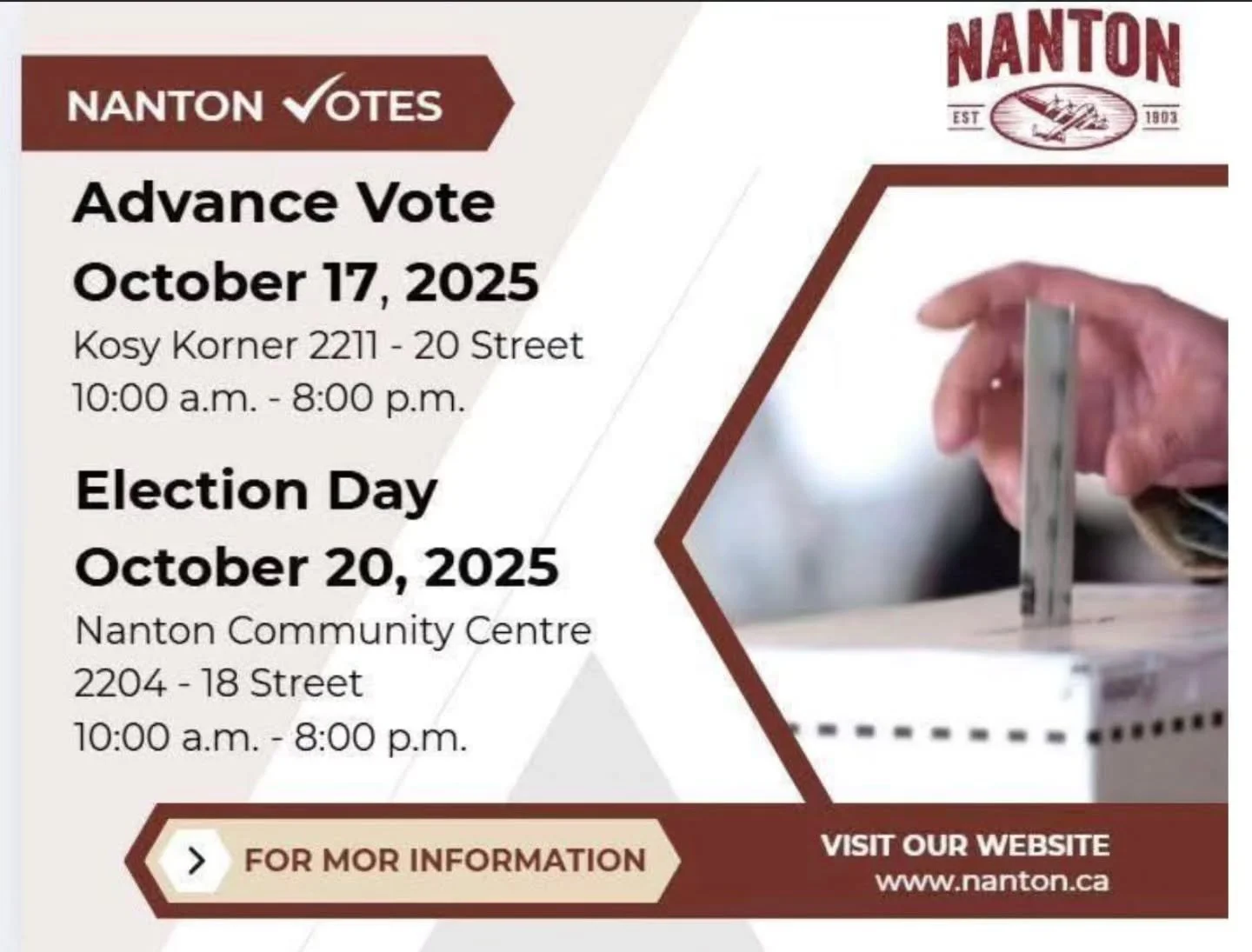 Advanced voting today from 10 a.m. to 8 p.m. at the Kozy Korner. 
#advancevote #votescount #yourvotematters #getoutandvote 
@visit_nanton