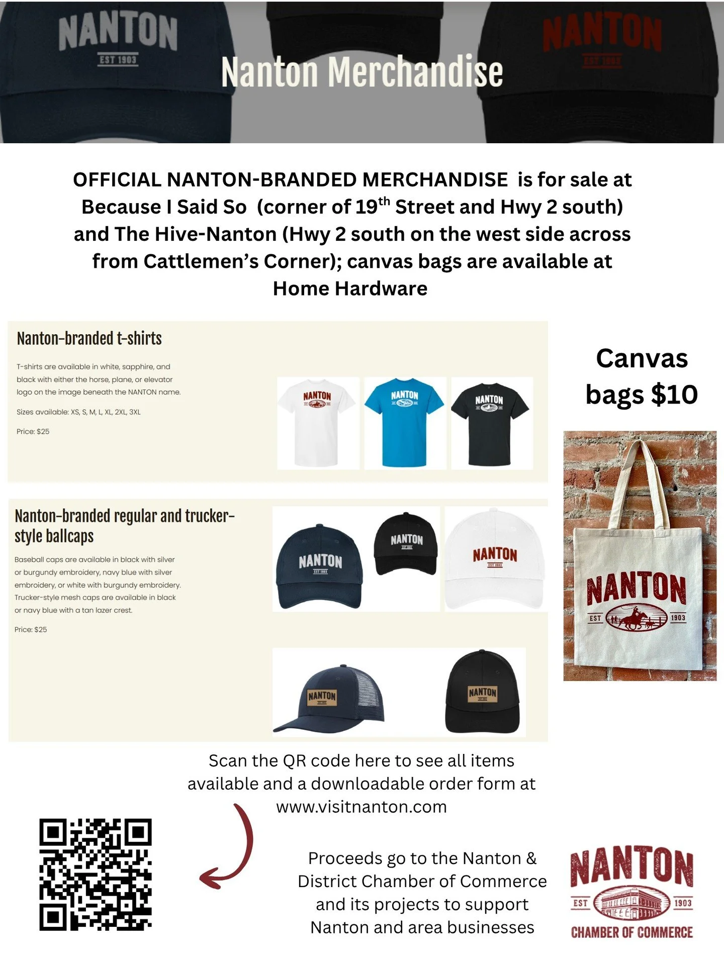 Who doesn't want some awesome Nanton merch?! Support Nanton's business community by purchasing a cap, hat, t-shirt or canvas bag. Available at @thehivenanton, @becauseisaidsoinnanton, and @nanton.homehardware (bags only). You can also go to the merch