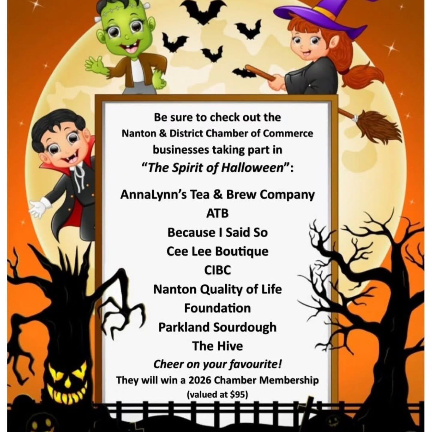Nanton &amp; District Chamber of Commerce awards the 2025 Best Halloween Spirit winner to .... Parkland Sourdough!! with honorable mention to ATB Nanton and CIBC Nanton. Thank you to all that took part and especially the judges. 
#2025chambermember 

