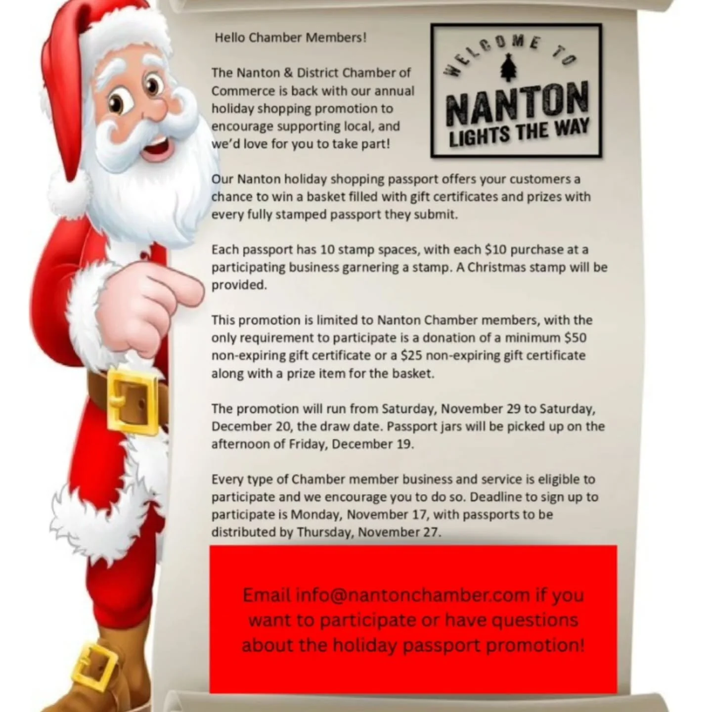 Hello Nanton CHAMBER MEMBERS - The Christmas Passport is BACK!! You can be part of it by emailing Becky at info@nantonchamber.com 
#2025chambermember 
#christmaspassport 
#nantonlightstheway #christmaspromotions #shoplocalsupportlocal 
#funforeveryon
