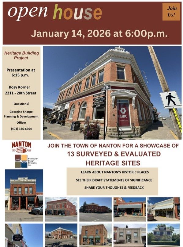 Don't miss this presentation in Nanton on Wednesday 6 pm at the Kosy Korner, 2211 20 Street. 

This special Heritage Open House showcases the results of the recent Nanton Heritage Building Project. 13 heritage sites across Nanton have been carefully 