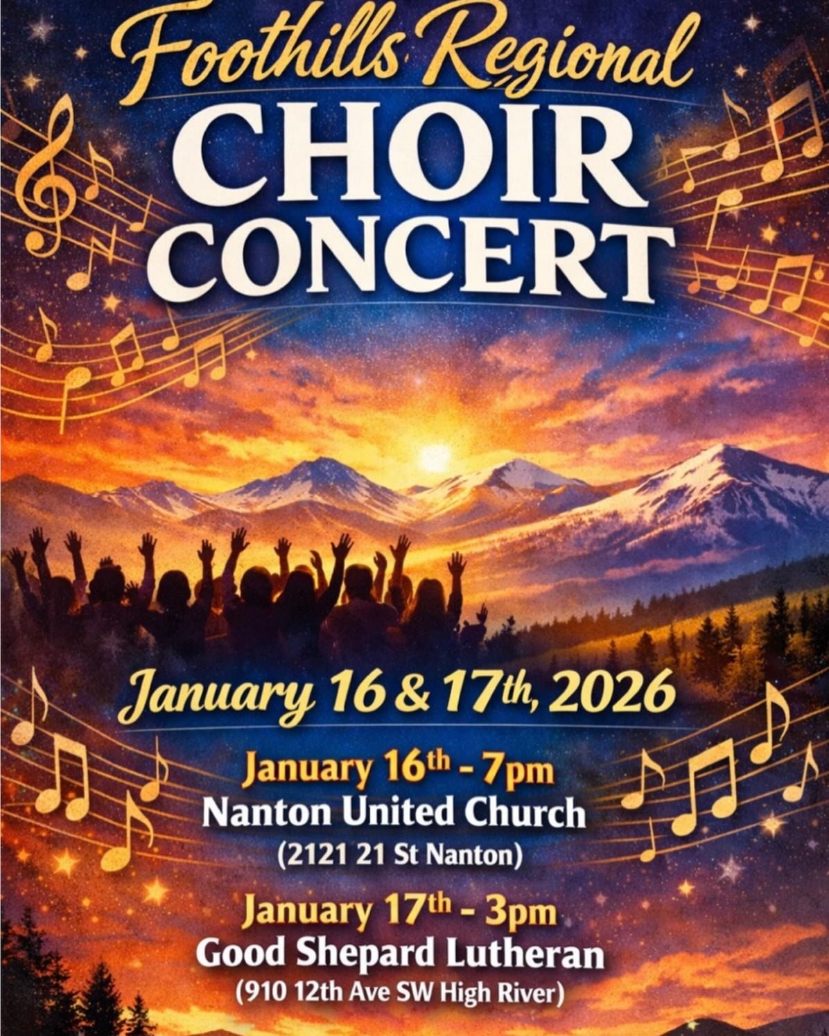 Tonight at 7 pm in Nanton at the United Church on Hwy 2 south. Come out and support and listen to some of our local songbirds under the leadership of Sue Moore. Make a day of it and come out to do some shopping this afternoon and grab a bite to eat i