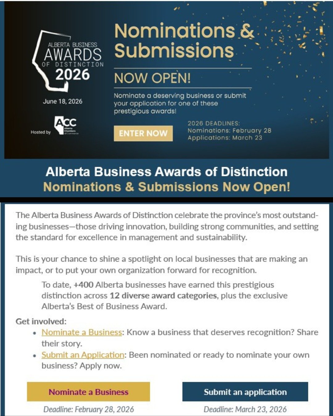 Nominations and submissions opened today for the @albertachambers Alberta Business Awards of Distinction, open to any Chamber member businesses in good standing. Go to the link below to learn more about the different awards categories and either nomi