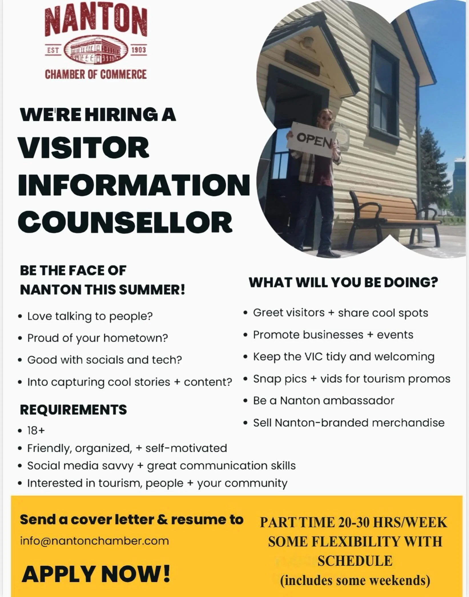 🌟 WE&rsquo;RE HIRING! 🌟

The Nanton &amp; District Chamber of Commerce is looking for a Visitor Information Counsellor for the summer!

If you love people, community, social media, and showcasing all the amazing things Nanton has to offer &mdash; t
