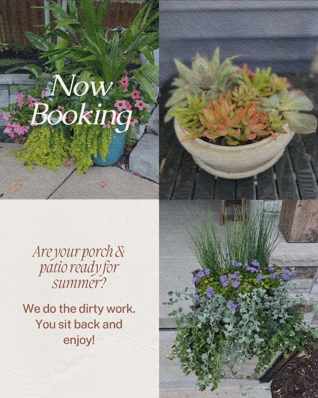 Summer is almost here! Get your porches, patios, and poolside areas ready now. Call or message us to get on our summer planting schedule.
