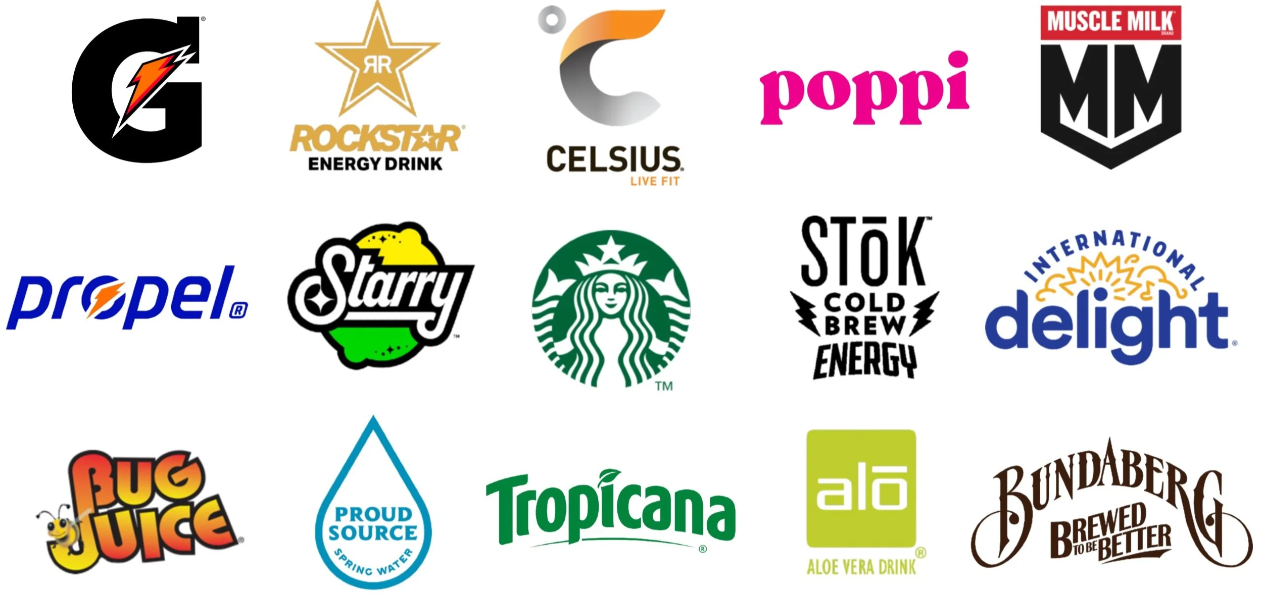Collection of beverage brand logos including Gatorade, Rockstar, Celsius, Poppi, Muscle Milk, Propel, Starry, Starbucks, Stok Cold Brew Energy, International Delight, Bug Juice, Proud Source Spring Water, Tropicana, Aloe Vera Drink, and Bundaberg Brewed.