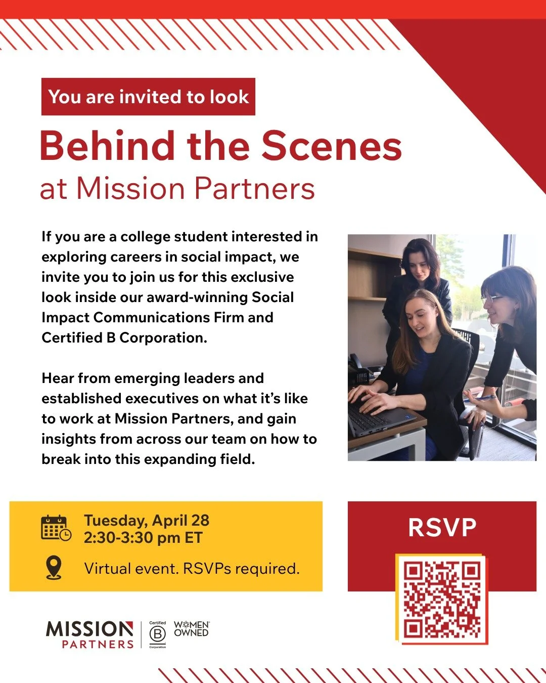 Are you a college student who is interested in exploring a career in social impact? We'd love to support you on that journey.

📆 Join Mission Partners on Tuesday, April 28, for a virtual behind-the-scenes look into our organization, information abou