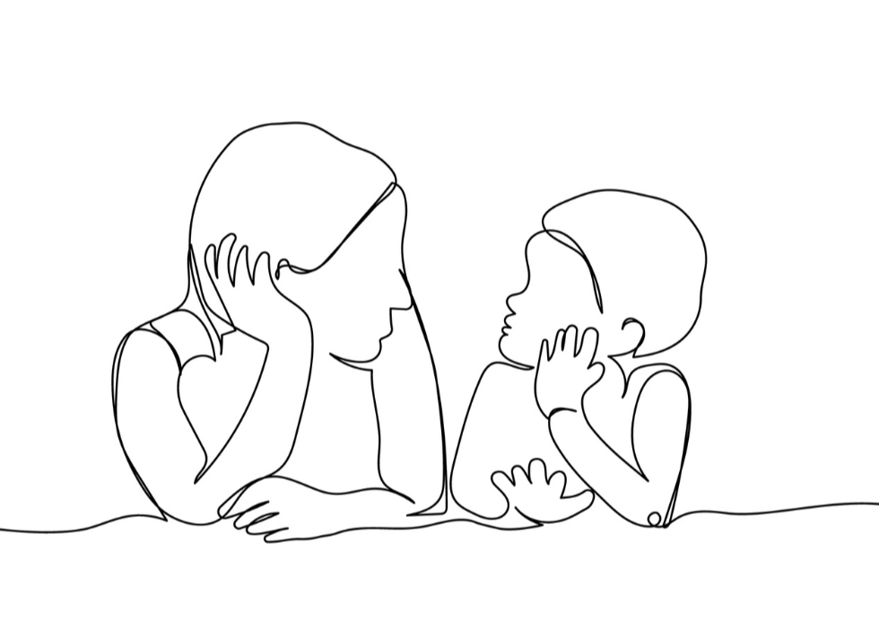 a line drawing of a parent and a kid looking at each other