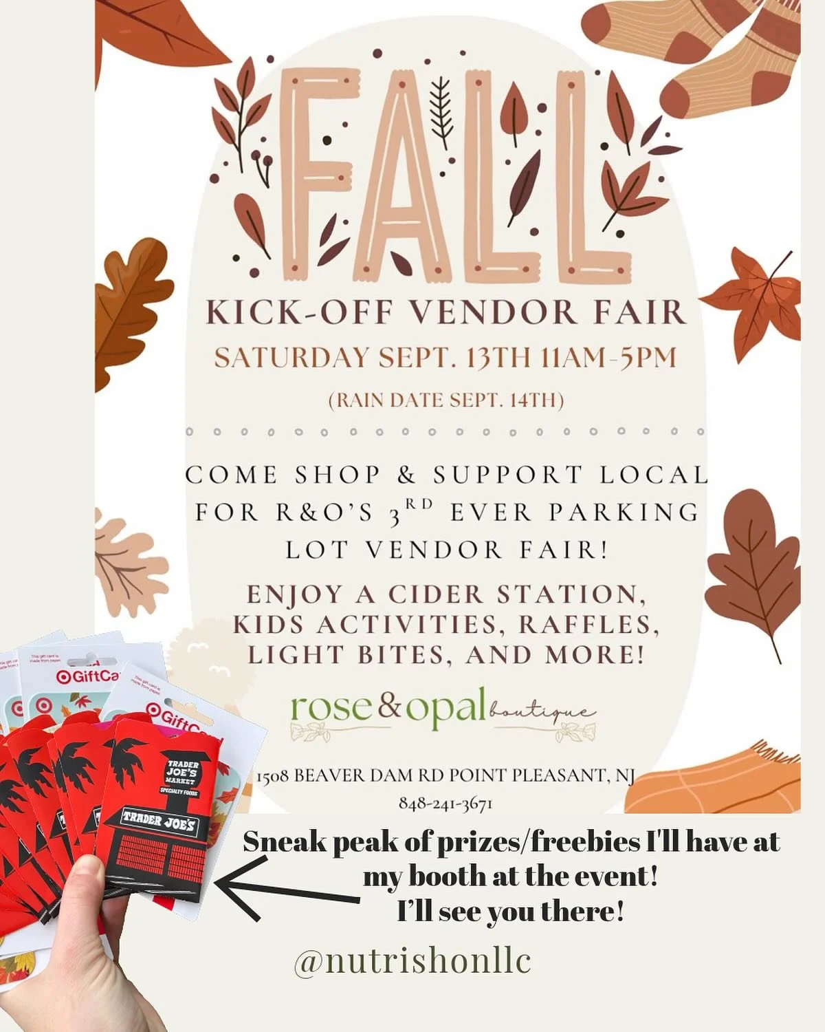 Come join me and other local vendors at Rose &amp; Opal&rsquo;s Fall Kick-Off Vendor Fair this Saturday, September 13 from 11-5 at 1508 BEAVER DAM RD POINT PLEASANT, NJ! 

I&rsquo;ll have plenty of freebies (including fresh popped popcorn) AND a priz