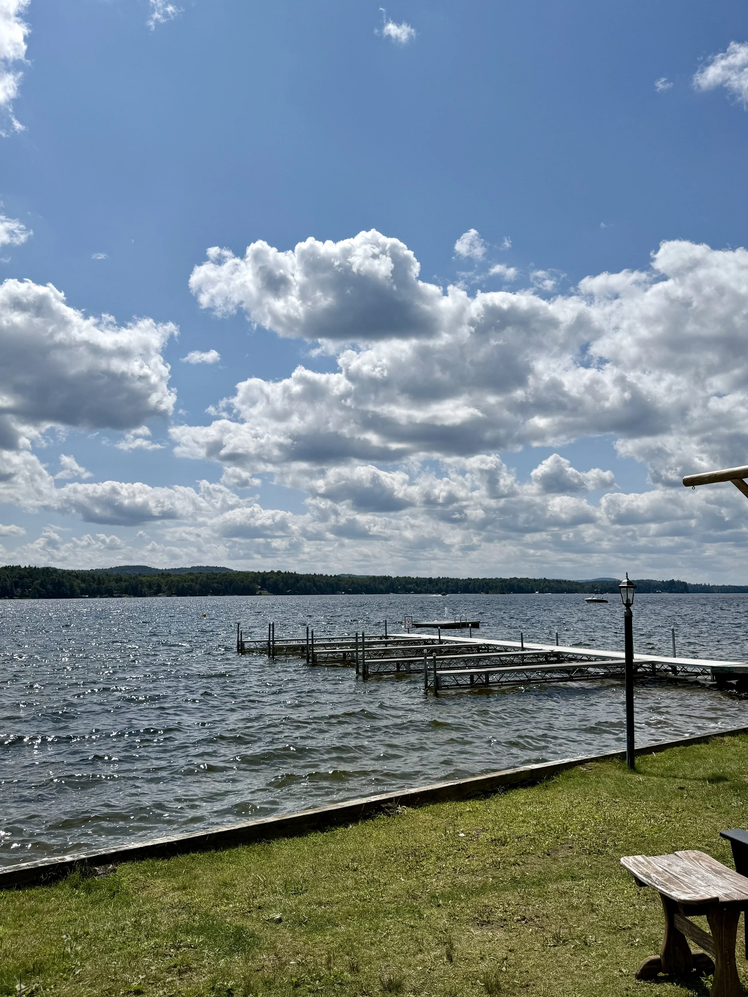A lakeside scene with a wooden dock extending into the water, surrounded by green grass, a lamppost, and a small wooden bench. The sky is partly cloudy with white clouds against a blue background, and in the distance, there is a forested shoreline wi